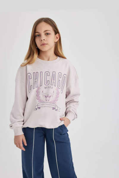 Kız Çocuk NBA Chicago Bulls Oversize Geniş Kalıp Bisiklet Yaka Sweatshirt Açık Pembe - 4