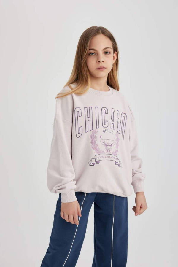 Kız Çocuk NBA Chicago Bulls Oversize Geniş Kalıp Bisiklet Yaka Sweatshirt Açık Pembe - 6