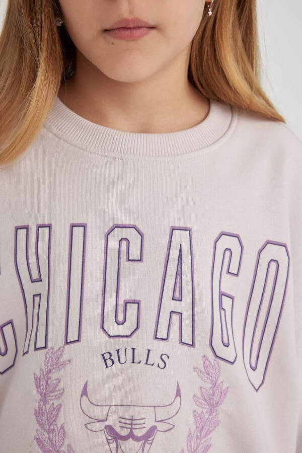 Kız Çocuk NBA Chicago Bulls Oversize Geniş Kalıp Bisiklet Yaka Sweatshirt Açık Pembe - 8