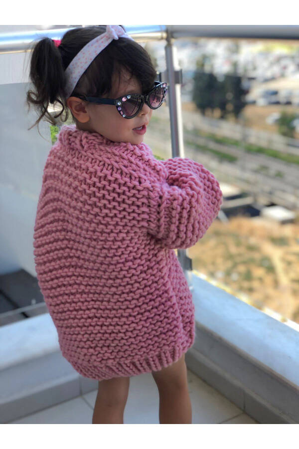 Kız Çocuk Örme Oversize Ceket Bebek Hırka Pembe Kaban - 4