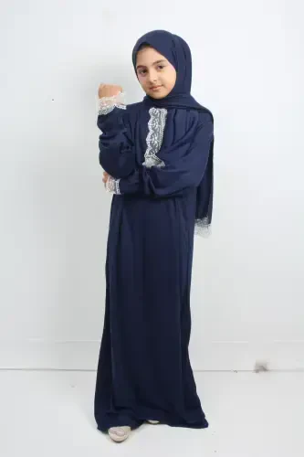 Kız Çocuk Orta Boy Şık Yazlık Namaz Elbisesi, Genç Ferace, Terletmeyen Pamuklu Namaz Kıyafeti-LACİVERT - 3
