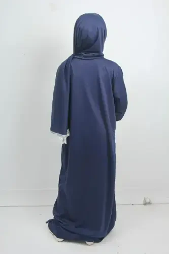Kız Çocuk Orta Boy Şık Yazlık Namaz Elbisesi, Genç Ferace, Terletmeyen Pamuklu Namaz Kıyafeti-LACİVERT - 4