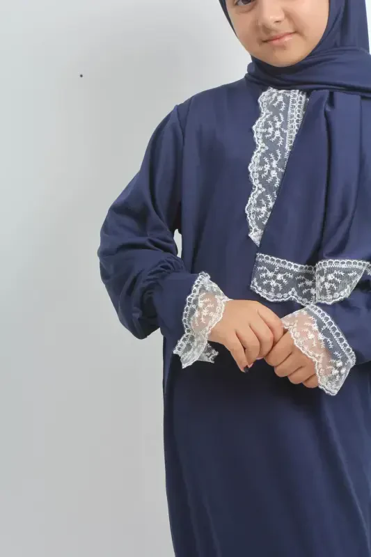 Kız Çocuk Orta Boy Şık Yazlık Namaz Elbisesi, Genç Ferace, Terletmeyen Pamuklu Namaz Kıyafeti-LACİVERT - 5
