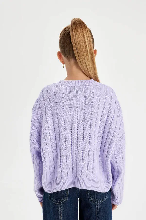 Kız Çocuk Oversize Geniş Kalıp Bisiklet Yaka Basic Düz Triko Kazak C6945a824au-Mor - 6