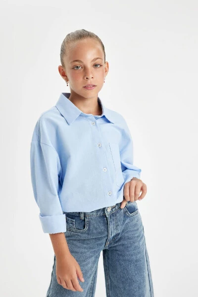Kız Çocuk Oversize Geniş Kalıp Poplin Uzun Kollu Basic Düz Okul Gömleği C7482a824au-Mavi - 11