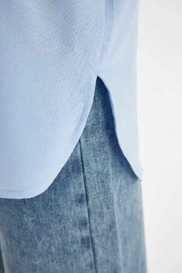 Kız Çocuk Oversize Geniş Kalıp Poplin Uzun Kollu Basic Düz Okul Gömleği C7482a824au-Mavi - 14