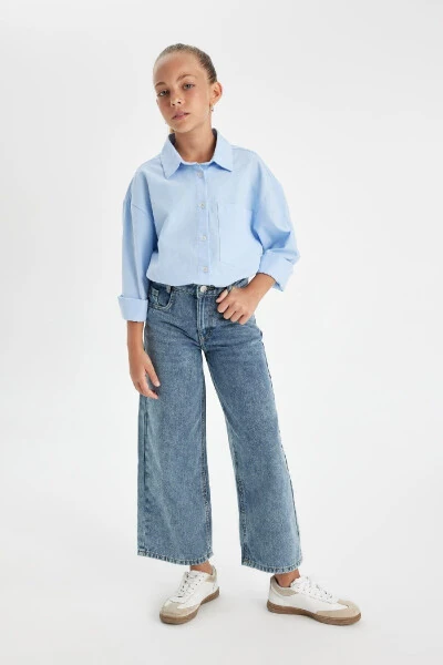 Kız Çocuk Oversize Geniş Kalıp Poplin Uzun Kollu Basic Düz Okul Gömleği C7482a824au-Mavi - 2
