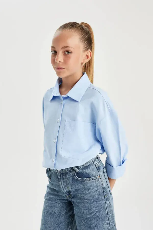 Kız Çocuk Oversize Geniş Kalıp Poplin Uzun Kollu Basic Düz Okul Gömleği C7482a824au-Mavi - 4