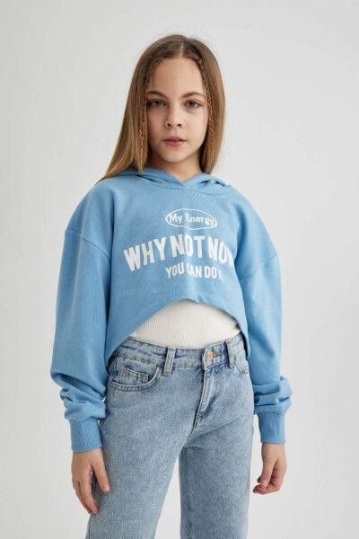 Kız Çocuk Oversize Geniş Kalıp Baskılı Kapüşonlu Crop Sweatshirt Mavi - 1