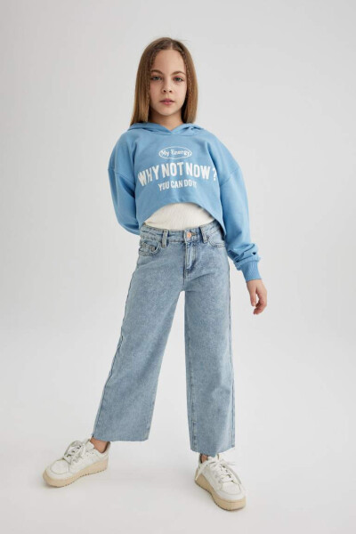 Kız Çocuk Oversize Geniş Kalıp Baskılı Kapüşonlu Crop Sweatshirt Mavi - 2