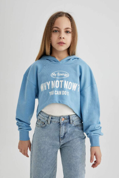 Kız Çocuk Oversize Geniş Kalıp Baskılı Kapüşonlu Crop Sweatshirt Mavi - 3