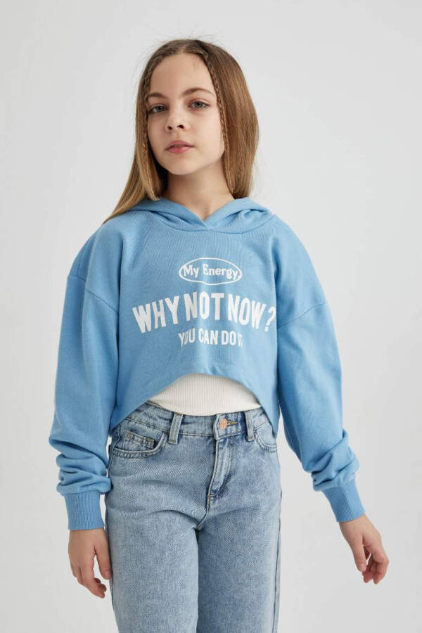 Kız Çocuk Oversize Geniş Kalıp Baskılı Kapüşonlu Crop Sweatshirt Mavi - 4