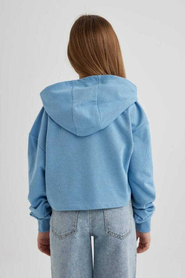 Kız Çocuk Oversize Geniş Kalıp Baskılı Kapüşonlu Crop Sweatshirt Mavi - 6