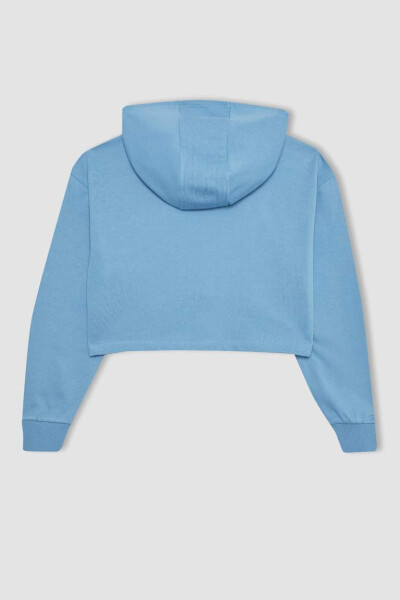 Kız Çocuk Oversize Geniş Kalıp Baskılı Kapüşonlu Crop Sweatshirt Mavi - 10