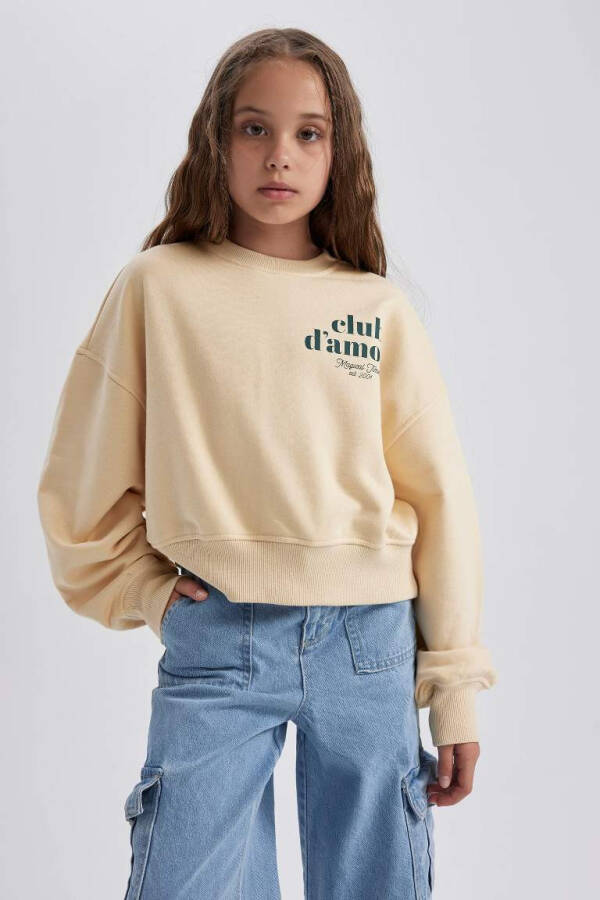 Kız Çocuk Oversize Geniş Kalıp Baskılı Sweatshirt Açık Bej - 1