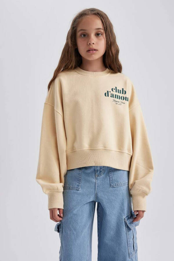 Kız Çocuk Oversize Geniş Kalıp Baskılı Sweatshirt Açık Bej - 3