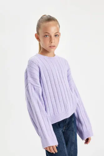Kız Çocuk Oversize Geniş Kalıp Bisiklet Yaka Basic Düz Triko Kazak C6945a824au - Mor-PR139 - 1