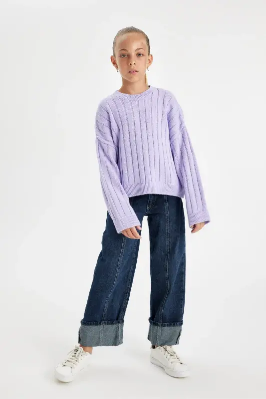 Kız Çocuk Oversize Geniş Kalıp Bisiklet Yaka Basic Düz Triko Kazak C6945a824au - Mor-PR139 - 2