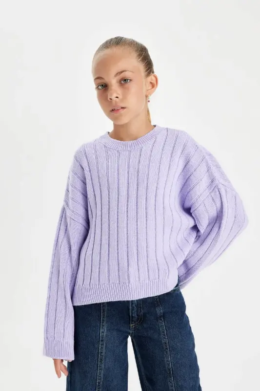 Kız Çocuk Oversize Geniş Kalıp Bisiklet Yaka Basic Düz Triko Kazak C6945a824au - Mor-PR139 - 3