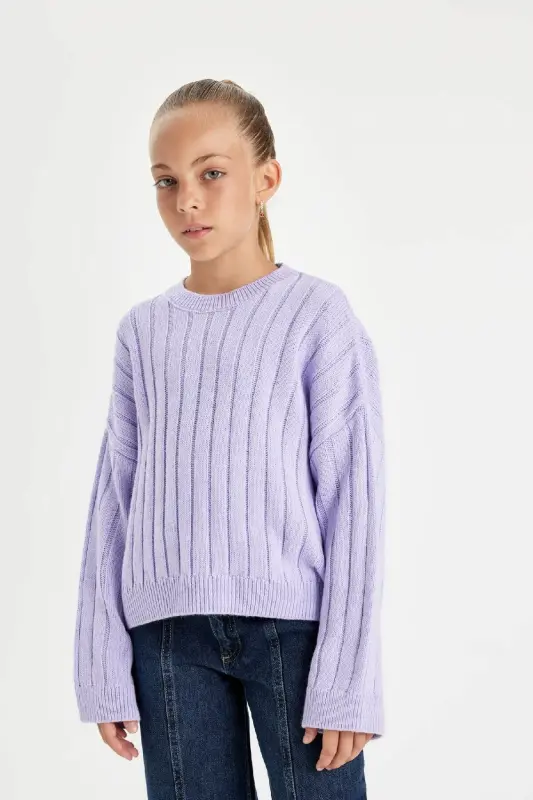 Kız Çocuk Oversize Geniş Kalıp Bisiklet Yaka Basic Düz Triko Kazak C6945a824au - Mor-PR139 - 4