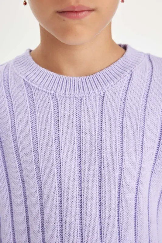 Kız Çocuk Oversize Geniş Kalıp Bisiklet Yaka Basic Düz Triko Kazak C6945a824au - Mor-PR139 - 5