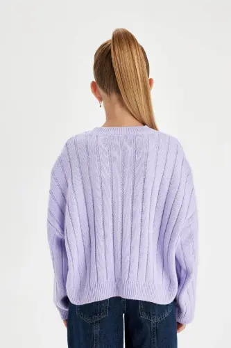Kız Çocuk Oversize Geniş Kalıp Bisiklet Yaka Basic Düz Triko Kazak C6945a824au - Mor-PR139 - 6