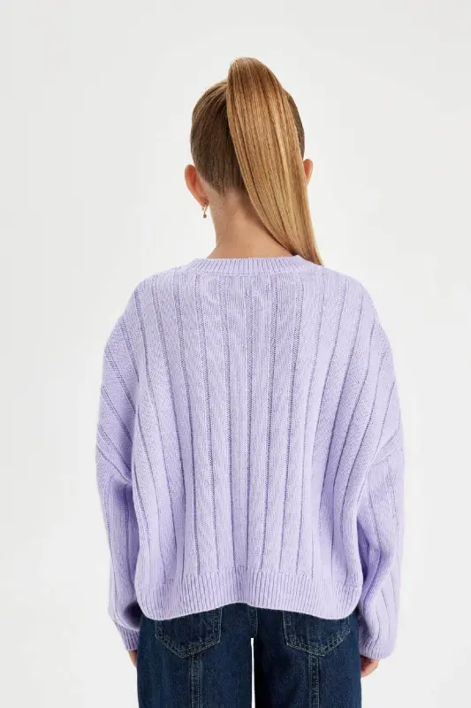 Kız Çocuk Oversize Geniş Kalıp Bisiklet Yaka Basic Düz Triko Kazak C6945a824au - Mor-PR139 - 6