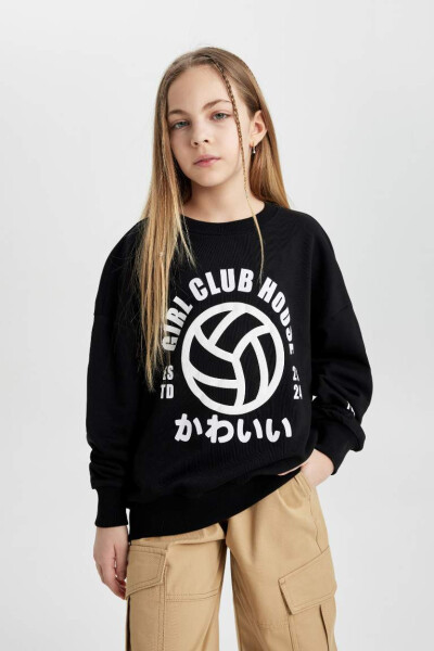 Kız Çocuk Oversize Geniş Kalıp Bisiklet Yaka Baskılı Sweatshirt Siyah - 3