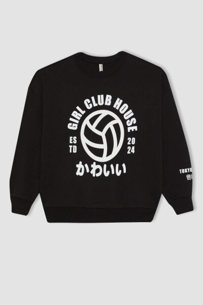 Kız Çocuk Oversize Geniş Kalıp Bisiklet Yaka Baskılı Sweatshirt Siyah - 7