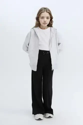 Kız Çocuk Oversize Geniş Kalıp Kapüşonlu Basic Düz Fermuarlı Sweatshirt-Gri Melanj - 2