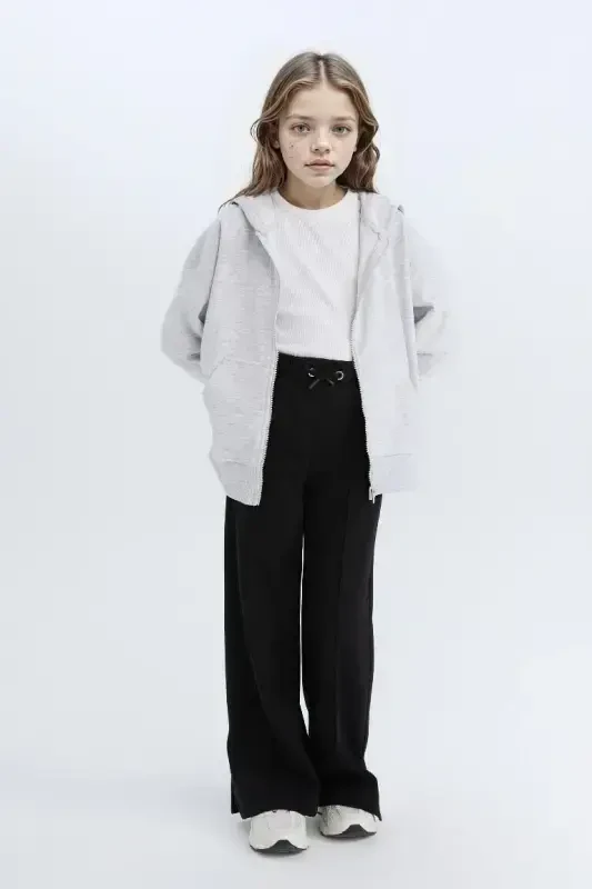 Kız Çocuk Oversize Geniş Kalıp Kapüşonlu Basic Düz Fermuarlı Sweatshirt-Gri Melanj - 2