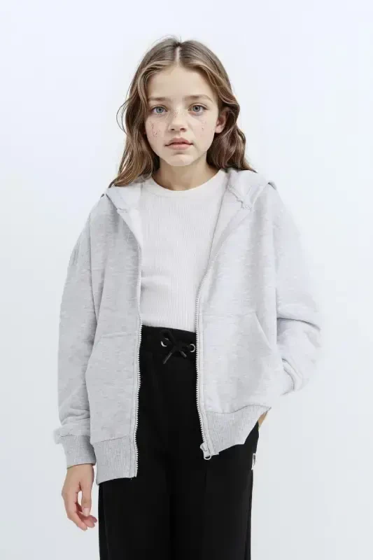 Kız Çocuk Oversize Geniş Kalıp Kapüşonlu Basic Düz Fermuarlı Sweatshirt-Gri Melanj - 3