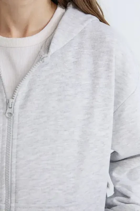 Kız Çocuk Oversize Geniş Kalıp Kapüşonlu Basic Düz Fermuarlı Sweatshirt-Gri Melanj - 4