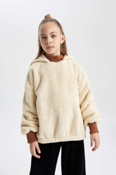 Kız Çocuk Oversize Geniş Kalıp Kapüşonlu Pelüş Sweatshirt Kum - 4