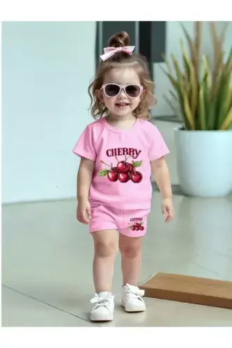 Kız Çocuk Pembe Şort-Tişört Cherry Baskılı Penye Takım-Pembe - 3