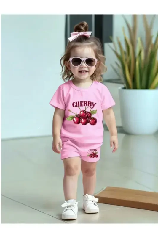 Kız Çocuk Pembe Şort-Tişört Cherry Baskılı Penye Takım-Pembe - 3