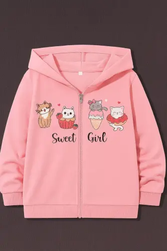 Kız Çocuk Pembe Sweet Girl Baskılı Kapşonlu Fermuarlı Hırka-Pembe - 2
