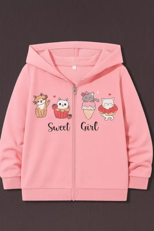 Kız Çocuk Pembe Sweet Girl Baskılı Kapşonlu Fermuarlı Hırka-Pembe - 2