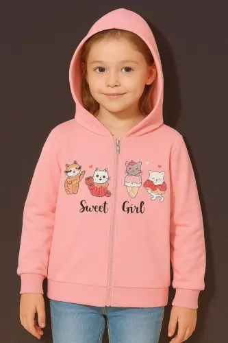 Kız Çocuk Pembe Sweet Girl Baskılı Kapşonlu Fermuarlı Hırka-Pembe 