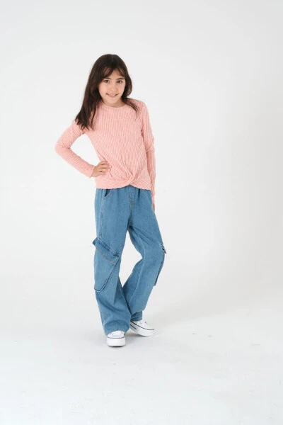 Kız Çocuk Pembe Uzun Kollu Fitilli Triko Kazak - Modazone