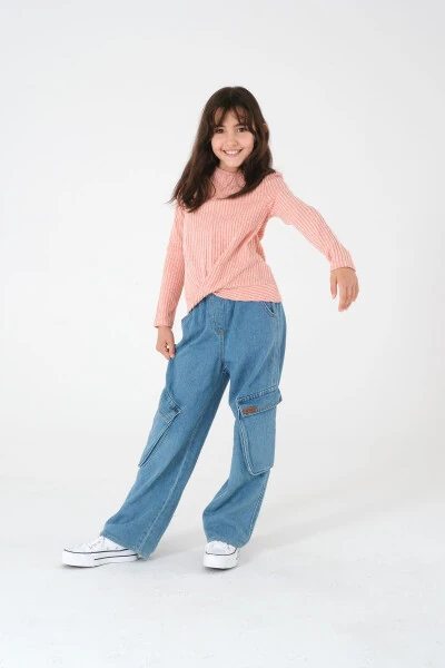 Kız Çocuk Pembe Uzun Kollu Fitilli Triko Kazak - Modazone (1)