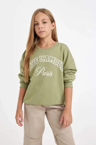 Yeşil Relax Fit Bisiklet Yaka Baskılı Sweatshirt Kız Çocuk D3572A824AU - Haki - 1