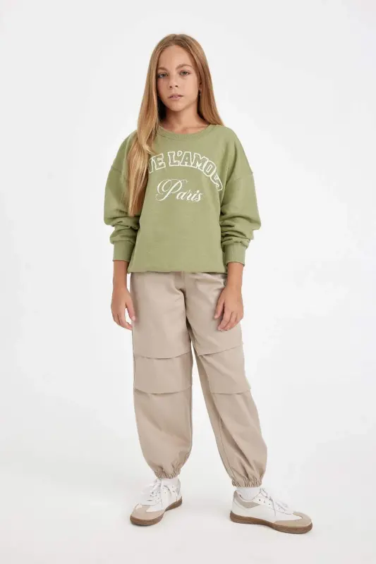 Yeşil Relax Fit Bisiklet Yaka Baskılı Sweatshirt Kız Çocuk D3572A824AU - Haki - 2