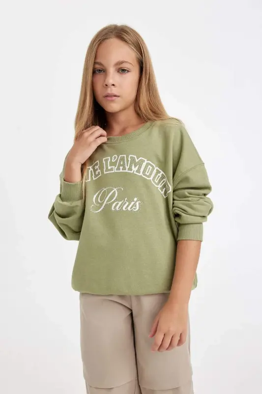 Yeşil Relax Fit Bisiklet Yaka Baskılı Sweatshirt Kız Çocuk D3572A824AU - Haki - 3