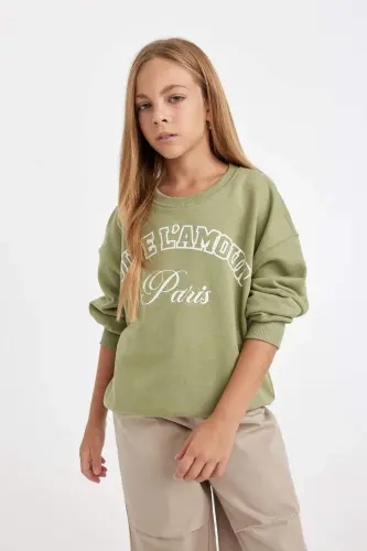 Yeşil Relax Fit Bisiklet Yaka Baskılı Sweatshirt Kız Çocuk D3572A824AU - Haki - 4