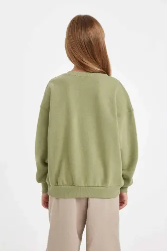 Yeşil Relax Fit Bisiklet Yaka Baskılı Sweatshirt Kız Çocuk D3572A824AU - Haki - 6
