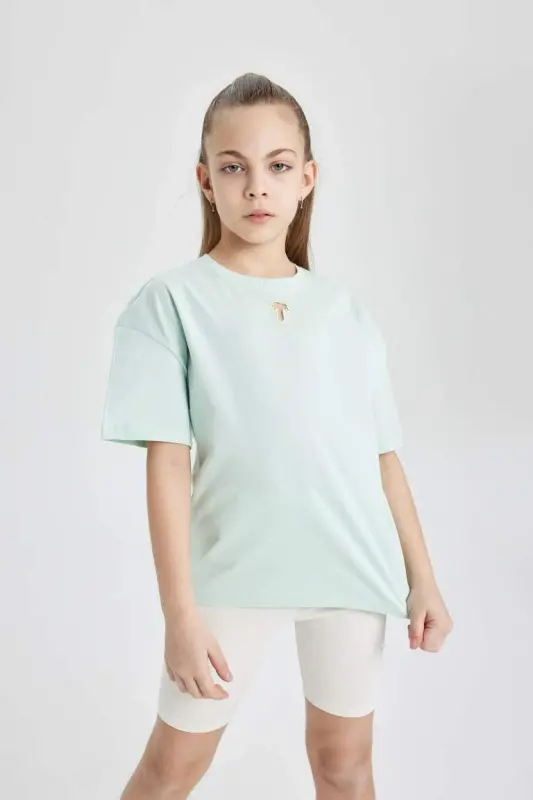 Kız Çocuk Relax Fit Bisiklet Yaka Kısa Kollu Tişört-Mint - DEFACTO
