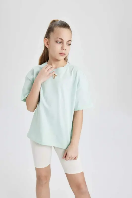 Kız Çocuk Relax Fit Bisiklet Yaka Kısa Kollu Tişört-Mint - 3