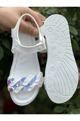 Kız Çocuk Sandalet Fashion Taşlı Sandalet Phylon (hafif) Yumuşak Taban Sandalet-Hologram Beyazı - 5