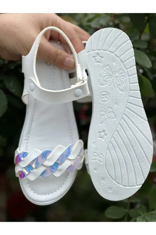 Kız Çocuk Sandalet Fashion Taşlı Sandalet Phylon (hafif) Yumuşak Taban Sandalet-Hologram Beyazı - 5